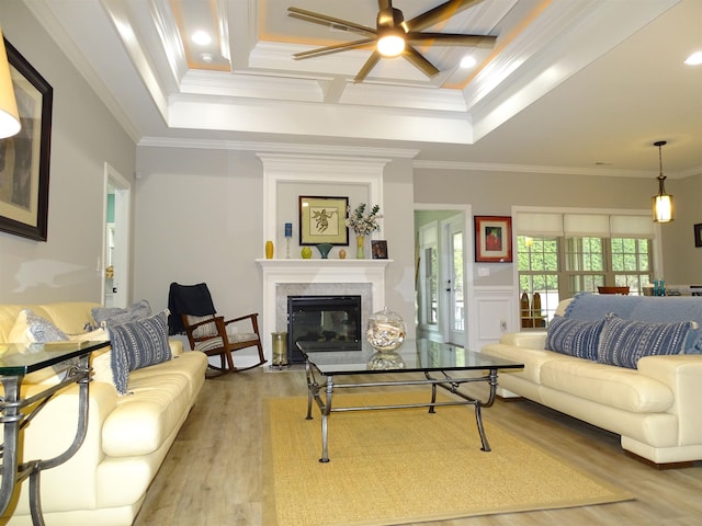811 White Magnolia Dr, Inman, SC 29349 - living area with wood finished floors, a fireplace with flush hearth, a ceiling fan, a raised ceiling, and crown molding