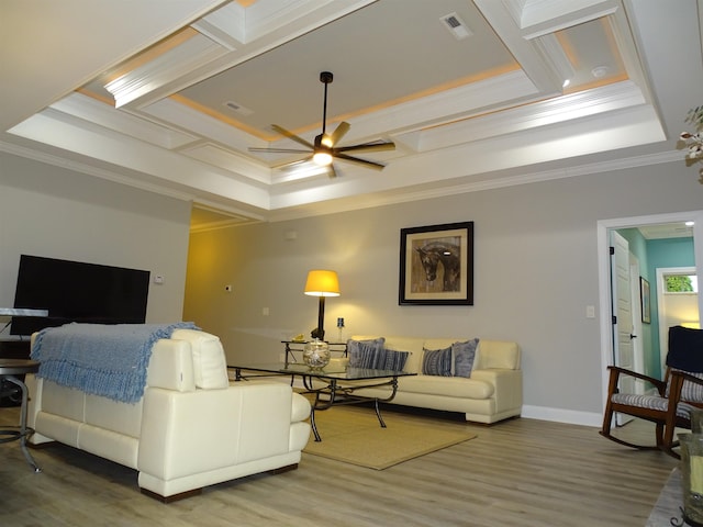 811 White Magnolia Dr, Inman, SC 29349 - living room featuring ornamental molding, wood finished floors, ceiling fan, and coffered ceiling