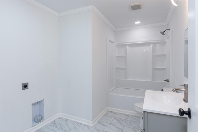 1230 Edgewood Ave, Spartanburg, SC 29301 - bathroom with marble finish flooring, vanity, shower / bathtub combination, ornamental molding, and recessed lighting