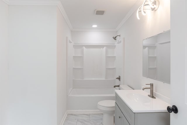 1230 Edgewood Ave, Spartanburg, SC 29301 - full bath with vanity, marble finish flooring, crown molding, tub / shower combination, and recessed lighting