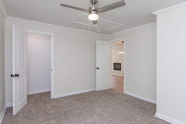 1230 Edgewood Ave, Spartanburg, SC 29301 - unfurnished bedroom with attic access, ornamental molding, carpet flooring, and ceiling fan