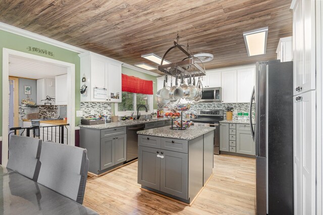 101 Jordan Rd, Lyman, SC 29365 - kitchen featuring stainless steel appliances, gray cabinets, a kitchen island, backsplash, and wooden ceiling