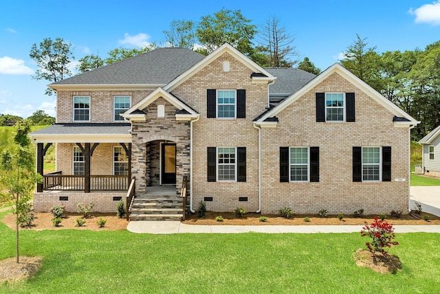 740 Enoree River Pl, Greer, SC 29651 - craftsman inspired home with a porch, a front lawn, brick siding, a shingled roof, and crawl space