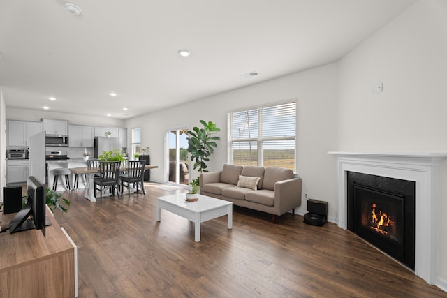 220 Emerald Creek Ave, Greer, SC 29651 - living room with dark wood finished floors, recessed lighting, and a warm lit fireplace