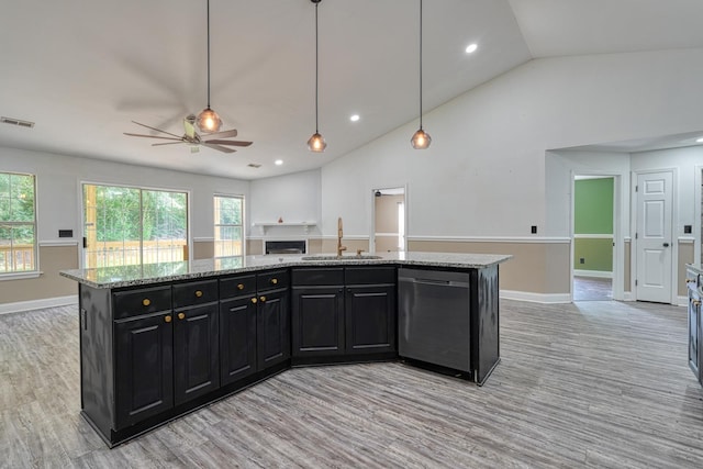 203 Palmetto Dr, Greer, SC 29651 - kitchen with dark cabinets, dishwasher, light wood finished floors, a ceiling fan, and lofted ceiling