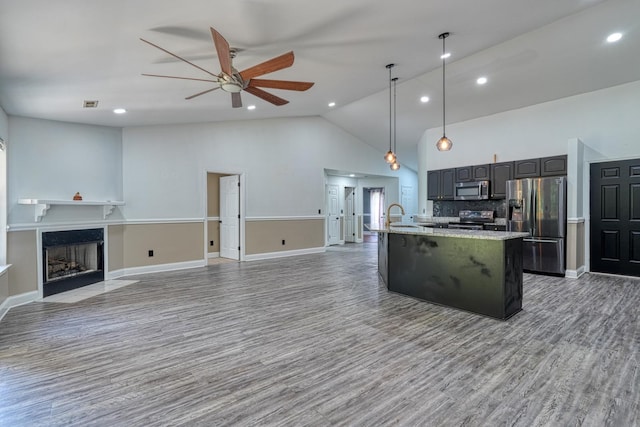 203 Palmetto Dr, Greer, SC 29651 - kitchen featuring appliances with stainless steel finishes, ceiling fan, wood finished floors, an island with sink, and recessed lighting