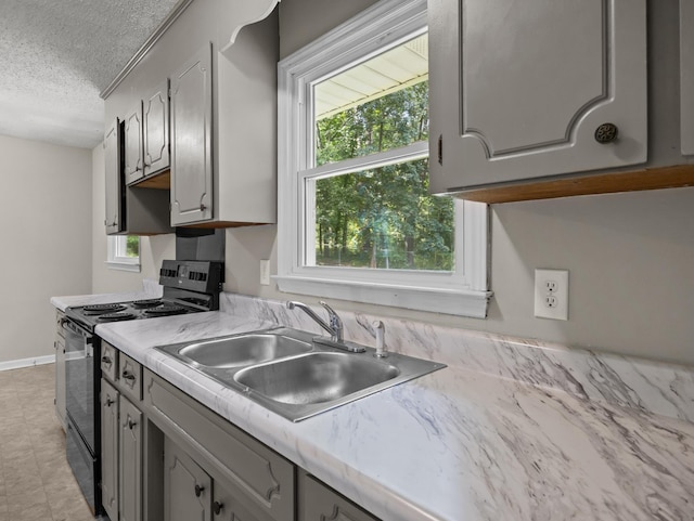 126 Loblolly Dr, Wellford, SC 29385 - kitchen featuring black electric range, a textured ceiling, gray cabinets, and light countertops