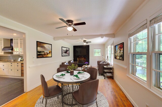 120 Branch St, Campobello, SC 29322 - dining room featuring a ceiling fan, light wood-style floors, ornamental molding, a textured ceiling, and a brick fireplace