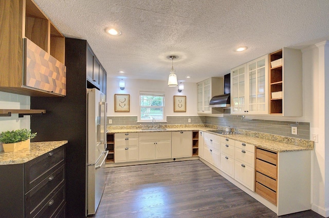 120 Branch St, Campobello, SC 29322 - kitchen featuring open shelves, wall chimney range hood, high end fridge, dark wood finished floors, and a textured ceiling