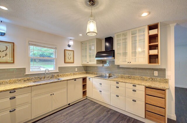 120 Branch St, Campobello, SC 29322 - kitchen featuring wall chimney range hood, black electric stovetop, dark wood-style flooring, a textured ceiling, and tasteful backsplash