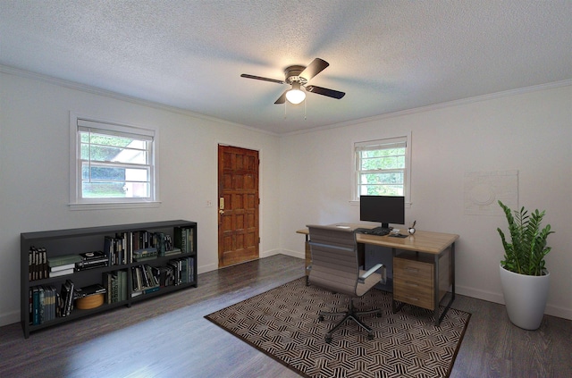 120 Branch St, Campobello, SC 29322 - home office featuring wood finished floors, plenty of natural light, ornamental molding, ceiling fan, and a textured ceiling