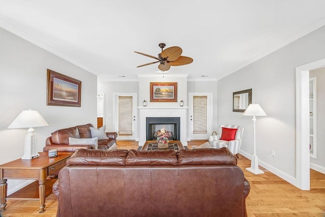 325 Reflection Dr, Lyman, SC 29365 - living room with a ceiling fan, a fireplace with flush hearth, light wood-type flooring, and ornamental molding