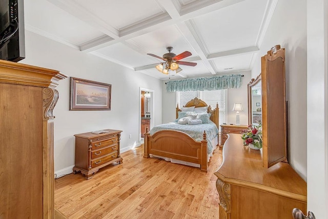 325 Reflection Dr, Lyman, SC 29365 - bedroom featuring coffered ceiling, light wood-style flooring, beam ceiling, a ceiling fan, and ornamental molding