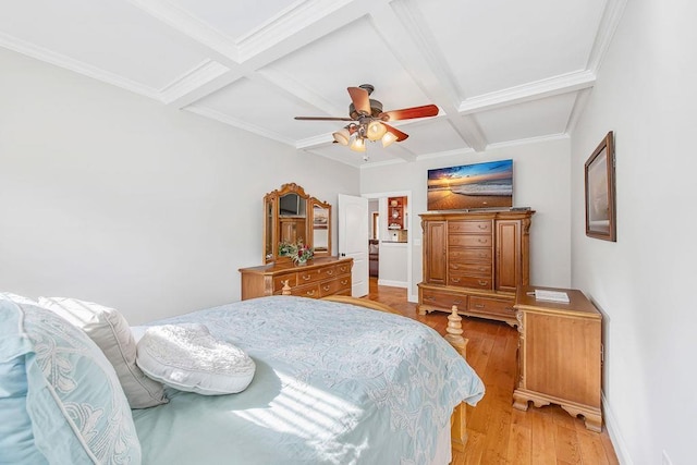 325 Reflection Dr, Lyman, SC 29365 - bedroom featuring coffered ceiling, light wood finished floors, beamed ceiling, a ceiling fan, and ornamental molding