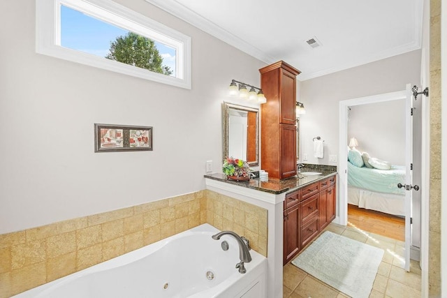 325 Reflection Dr, Lyman, SC 29365 - full bathroom featuring a jetted tub, vanity, crown molding, tile patterned floors, and ensuite bathroom