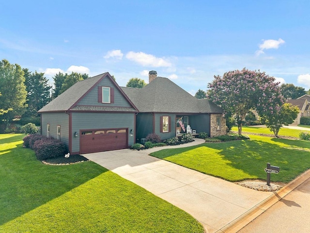 325 Reflection Dr, Lyman, SC 29365 - craftsman-style house with a front yard, concrete driveway, a chimney, and a shingled roof