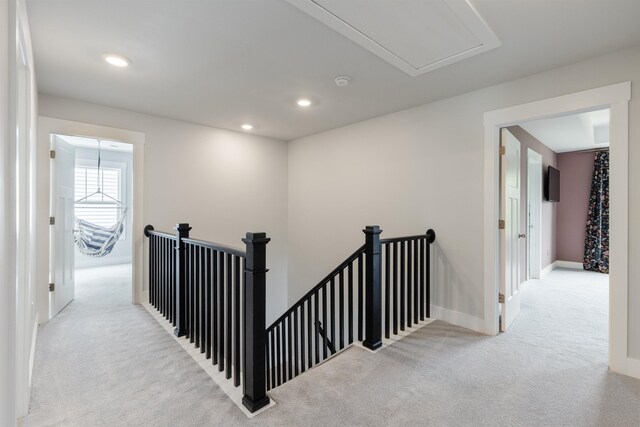 738 Judah Dr, Moore, SC 29369 - hallway featuring an upstairs landing, carpet floors, attic access, and recessed lighting
