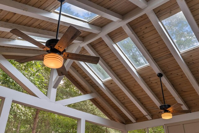 5 Modesto Ln, Simpsonville, SC 29681 - detailed view of a skylight, a wood ceiling with exposed beams, and ceiling fan