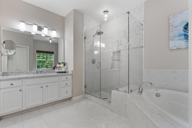 5 Modesto Ln, Simpsonville, SC 29681 - full bathroom with a bath, vanity, a stall shower, and marble finish floors