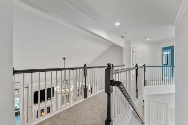5 Modesto Ln, Simpsonville, SC 29681 - hall with ornamental molding, recessed lighting, an upstairs landing, and carpet flooring
