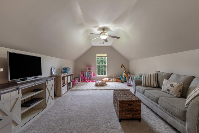 5 Modesto Ln, Simpsonville, SC 29681 - living room featuring carpet, ceiling fan, and lofted ceiling