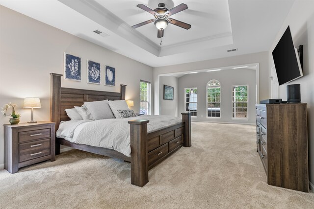 5 Modesto Ln, Simpsonville, SC 29681 - bedroom featuring light colored carpet, a tray ceiling, and a ceiling fan