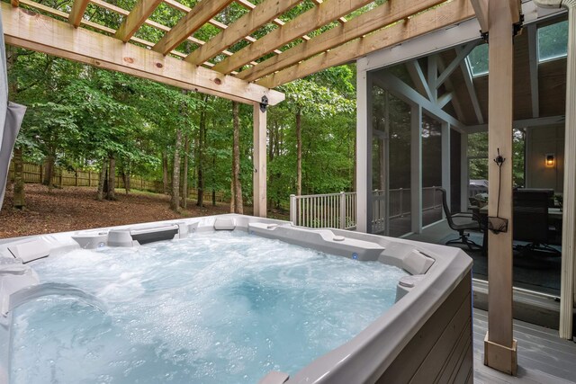 5 Modesto Ln, Simpsonville, SC 29681 - deck with a hot tub, a sunroom, and a pergola