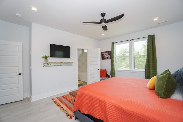 125 Patton St, Fountain Inn, SC 29644 - bedroom featuring light wood-style flooring, recessed lighting, connected bathroom, and ceiling fan