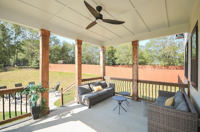 125 Patton St, Fountain Inn, SC 29644 - wooden deck featuring a fenced backyard, ceiling fan, an outdoor living space, and a patio area