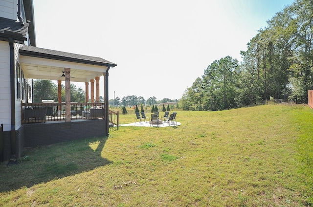 125 Patton St, Fountain Inn, SC 29644 - view of green lawn with an outdoor fire pit, ceiling fan, and a patio