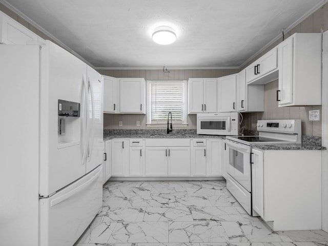177 Continental Dr, Spartanburg, SC 29302 - kitchen featuring white appliances, light marble finish flooring, white cabinetry, and crown molding