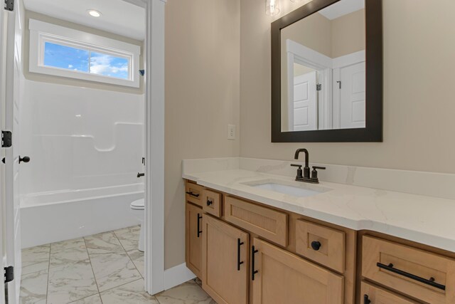 11555 New Cut Rd, Campobello, SC 29322 - full bath featuring marble look tile flooring, vanity, shower / washtub combination, and recessed lighting