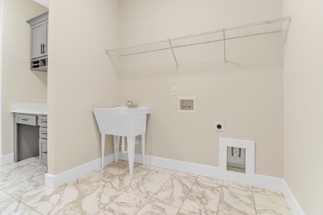 11555 New Cut Rd, Campobello, SC 29322 - washroom with light marble finish floors, washer hookup, hookup for an electric dryer, and cabinet space