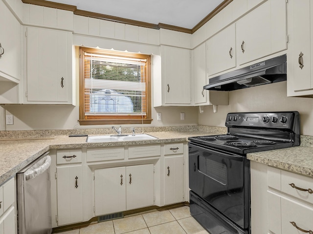 308 Pine Lake Ct, Spartanburg, SC 29301 - kitchen featuring black range with electric stovetop, under cabinet range hood, dishwasher, light countertops, and crown molding