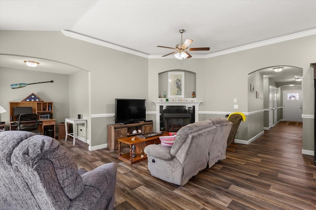 906 John Thomas Way, Greer, SC 29651 - living area featuring arched walkways, a ceiling fan, wood finished floors, a fireplace, and vaulted ceiling