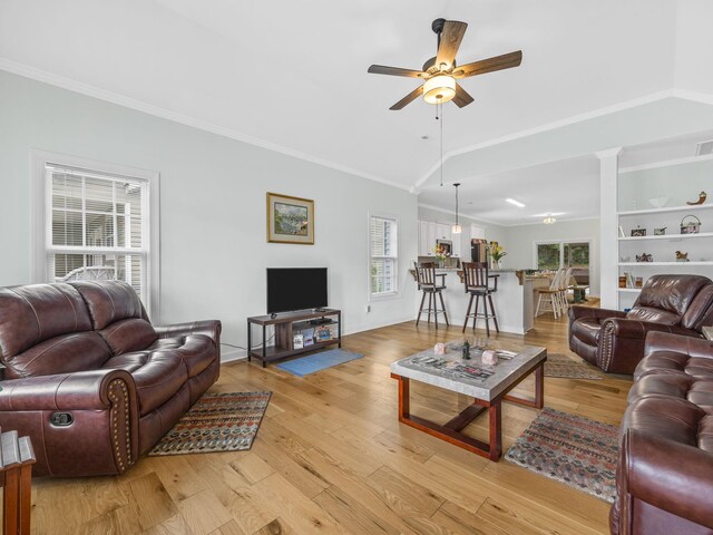 234 Page Creek Blvd, Landrum, SC 29356 - living room with plenty of natural light, ceiling fan, light wood-style flooring, crown molding, and lofted ceiling