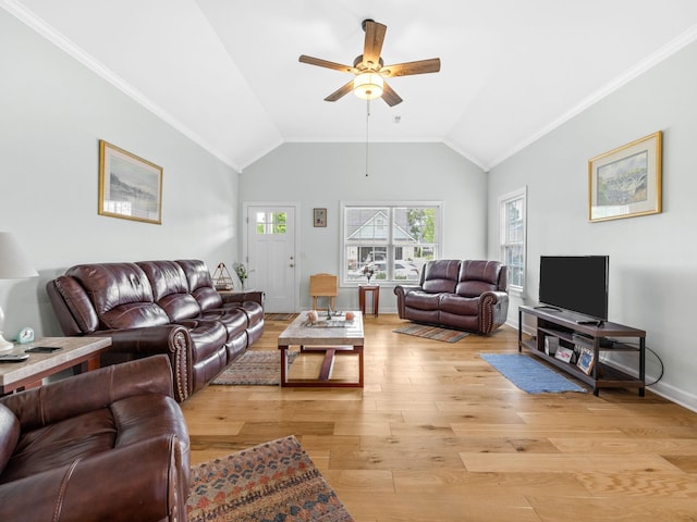 234 Page Creek Blvd, Landrum, SC 29356 - living room featuring ceiling fan, lofted ceiling, light wood-style floors, and crown molding