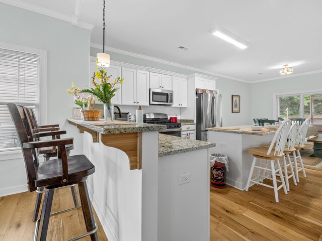 234 Page Creek Blvd, Landrum, SC 29356 - kitchen featuring appliances with stainless steel finishes, light wood-type flooring, ornamental molding, a breakfast bar, and white cabinets