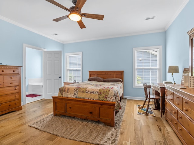 234 Page Creek Blvd, Landrum, SC 29356 - bedroom featuring light wood-style flooring, ornamental molding, ensuite bathroom, and a ceiling fan