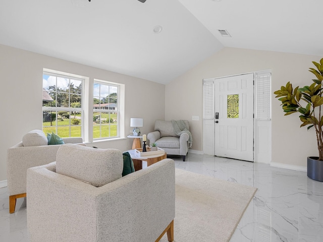 116 Dodd St, Wellford, SC 29385 - living area with light marble finish flooring and vaulted ceiling