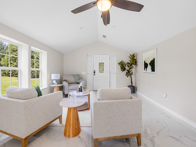 116 Dodd St, Wellford, SC 29385 - living room with light marble finish floors, ceiling fan, and lofted ceiling