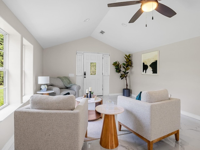116 Dodd St, Wellford, SC 29385 - living area featuring light marble finish flooring, lofted ceiling, and ceiling fan