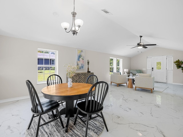 116 Dodd St, Wellford, SC 29385 - dining area with light marble finish floors, lofted ceiling, ceiling fan, and a chandelier