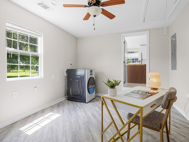 116 Dodd St, Wellford, SC 29385 - dining area with attic access, light wood-style floors, a ceiling fan, electric panel, and an office area