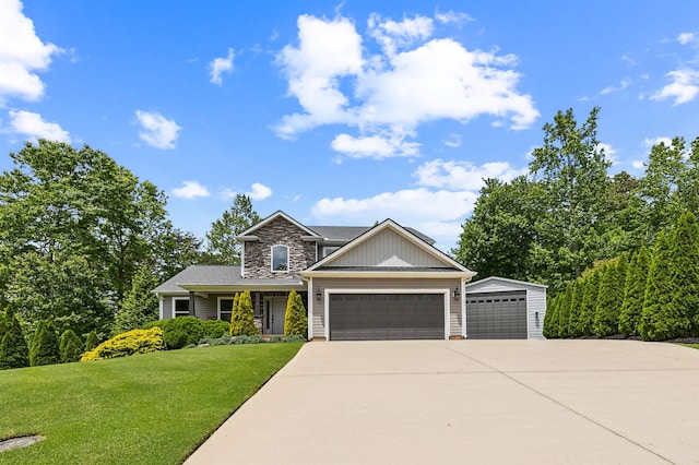 31 Goodwin Farms Ct, Travelers Rest, SC 29690 - view of front of house featuring a front lawn, driveway, a garage, stone siding, and board and batten siding