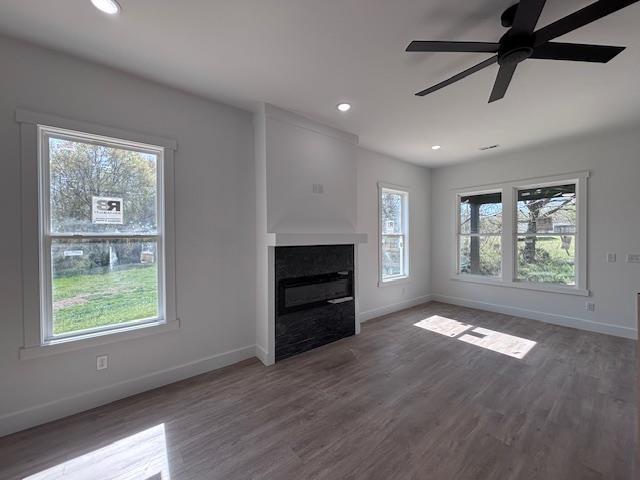 451 Park St, Inman, SC 29349 - unfurnished living room with plenty of natural light, a glass covered fireplace, wood finished floors, and recessed lighting