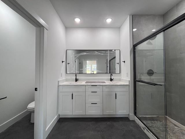 451 Park St, Inman, SC 29349 - bathroom with a stall shower, double vanity, recessed lighting, and concrete flooring