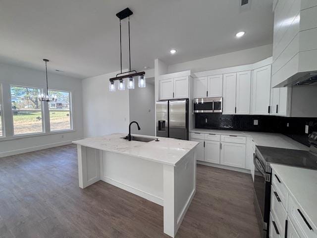 451 Park St, Inman, SC 29349 - kitchen featuring stainless steel appliances, custom exhaust hood, dark wood-type flooring, decorative backsplash, and recessed lighting
