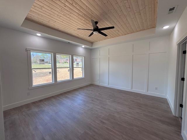 451 Park St, Inman, SC 29349 - spare room with a tray ceiling, wooden ceiling, a ceiling fan, dark wood finished floors, and recessed lighting