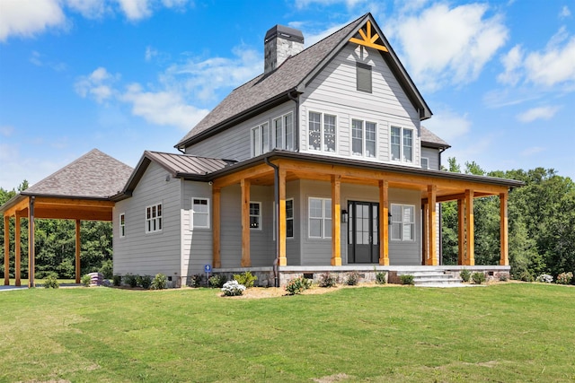 621 Bascule Ridge Ln, Campobello, SC 29322 - view of front facade with covered porch, a chimney, a front lawn, a standing seam roof, and roof with shingles